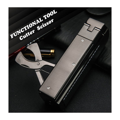 Large Table Lighter – Windproof Metal Torch with 4 Jet Red Flame, Refillable Butane,Punch and Cutter Included