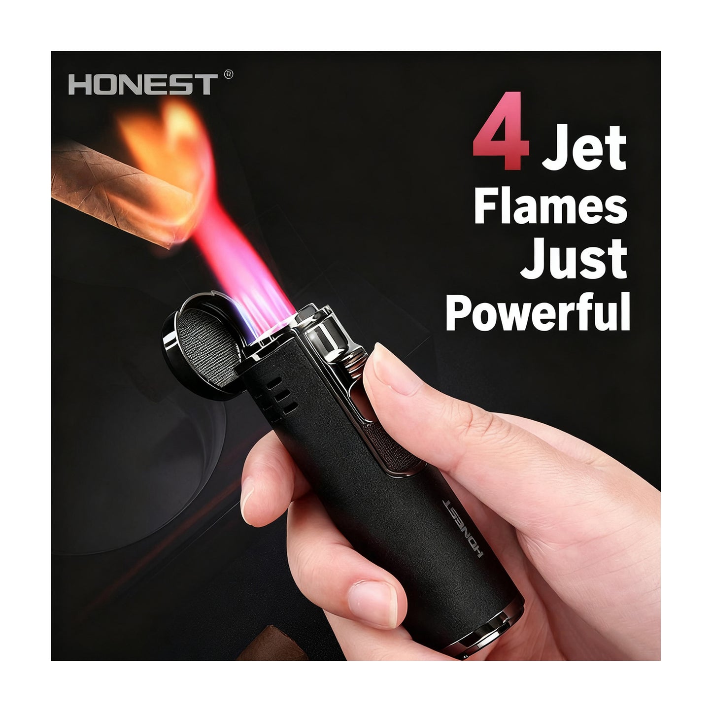 Honest Torch Lighter, 4 Jet Flame Lighter with Punch,Refillable Butane Windproof Lighter Gift for Men (Without Gas)