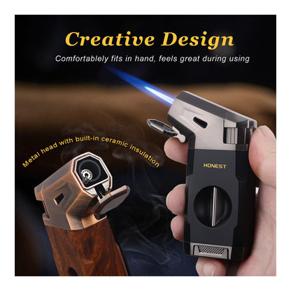 HONEST Refillable Torch Cigar Lighter – Windproof Jet Flame with Built-in V Cigar Cutter, Perfect Gift Box for Christmas, All-in-One Lighter for Smoking and Cigars