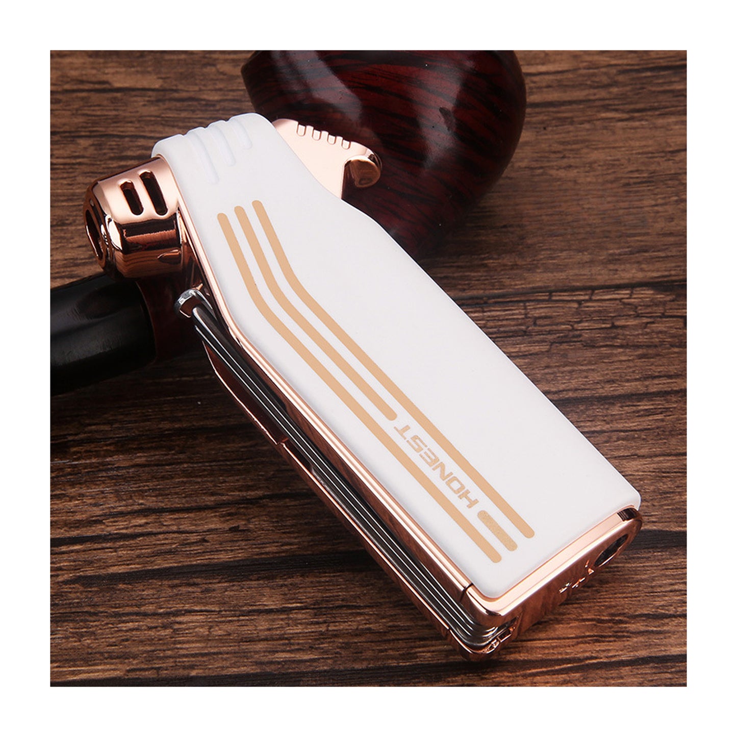 Honest Retro Angled Flame Refillable Butane Lighter with Integrated Cutter Tamper Scraper Tool