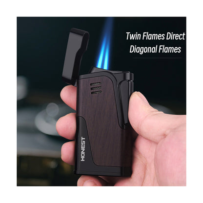 HONEST Genuine Windproof Refillable Butane Lighter Dual Jet Flame Metal Design Gift Item