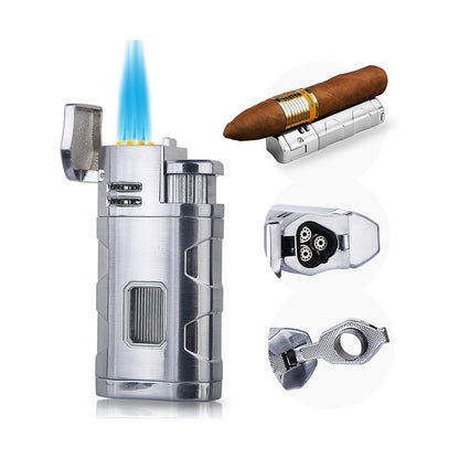 Triple Jet Flame Butane Torch Lighter with Punch and Rest Holder - Refillable Windproof Lighter (Butane Not Included)
