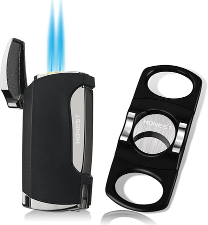 Double Jet Flame Torch Lighter and Cutter Gift Set for Men – Sleek Black Lighter Included