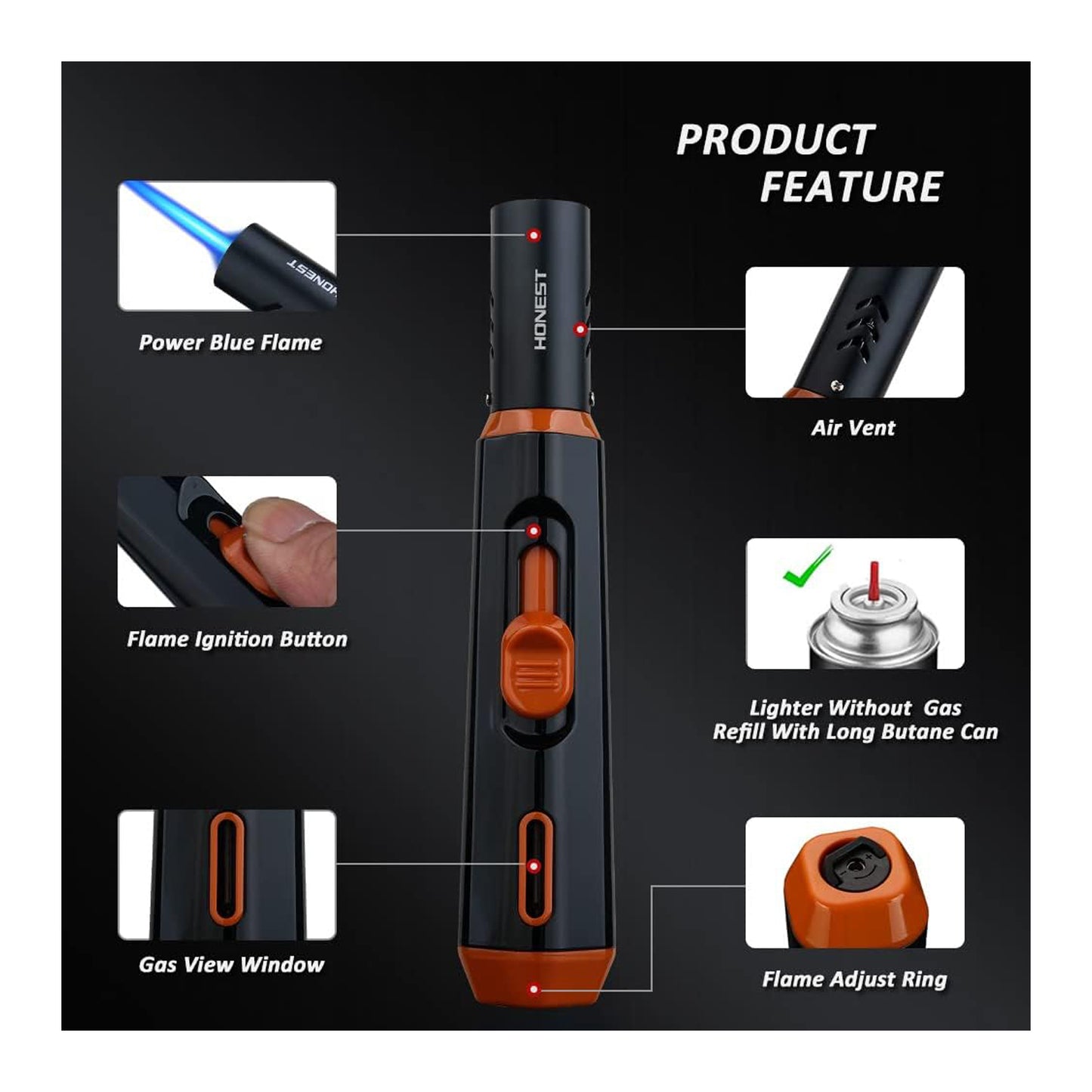 HONEST Refillable Butane Torch Lighter – Single Jet Flame for Candles, Grilling, BBQ, and Camping