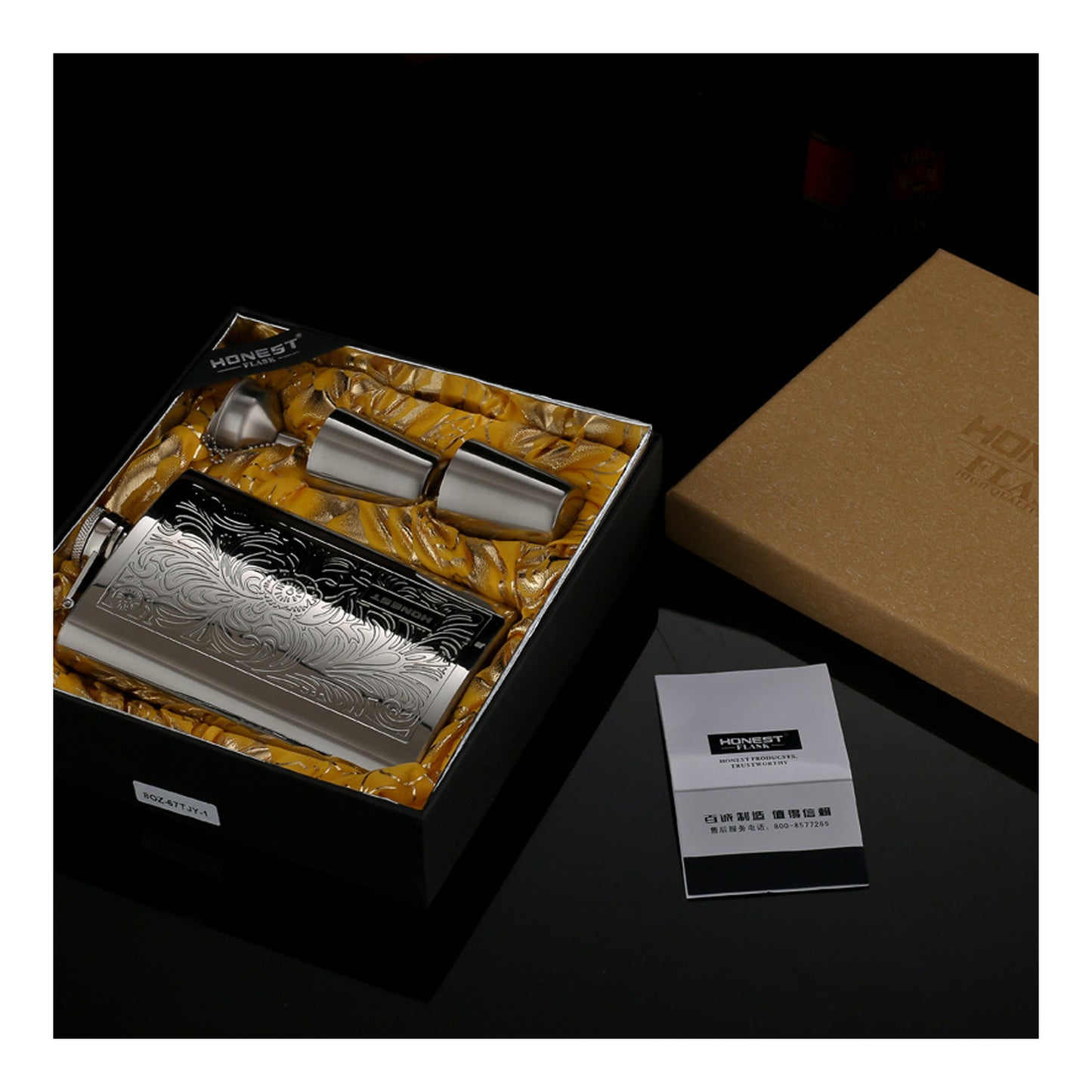 Honest Genuine 8oz Hip Flask Set Portable Outdoor Stainless Steel Liquor Flask Double Sided Embossed Gift Set