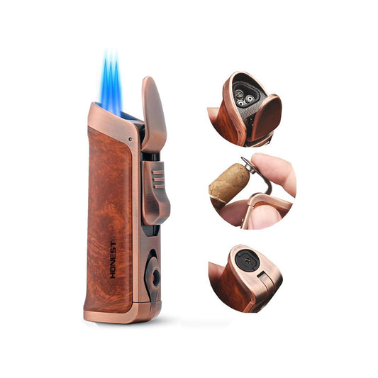 HONEST Triple Jet Torch Lighter – Refillable with Built-in Punch, Adjustable Flame Intensity, and Visible Gas Window – Great for BBQ, Kitchen, Fireplace, and Candles – Perfect Gift for Men