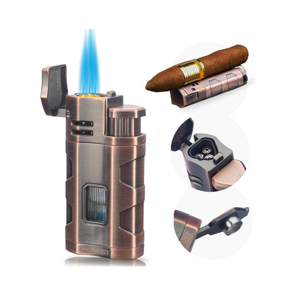 Triple Jet Flame Butane Torch Lighter with Punch and Rest Holder - Refillable Windproof Lighter (Butane Not Included)