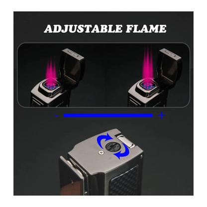 Large Table Lighter – Windproof Metal Torch with 4 Jet Red Flame, Refillable Butane,Punch and Cutter Included