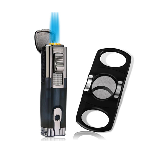 HONEST Cigar Lighter and Cutter Gift Set – Windproof Triple Jet Flame Butane Refillable Lighter with Built-in Cigar Punch