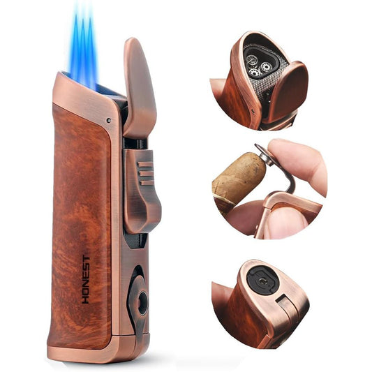 HONEST Triple Jet Torch Lighter – Refillable with Built-in Punch, Adjustable Flame Intensity, and Visible Gas Window – Great for BBQ, Kitchen, Fireplace, and Candles – Perfect Gift for Men