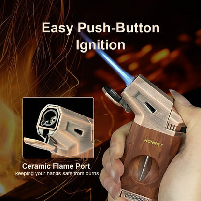 Honest Torch Lighter with V Cutter,Refillable Windproof Adjustable Jet Flame with Fuel Window Butane Torch Lighter,Gifts for Men (Butane not Include)