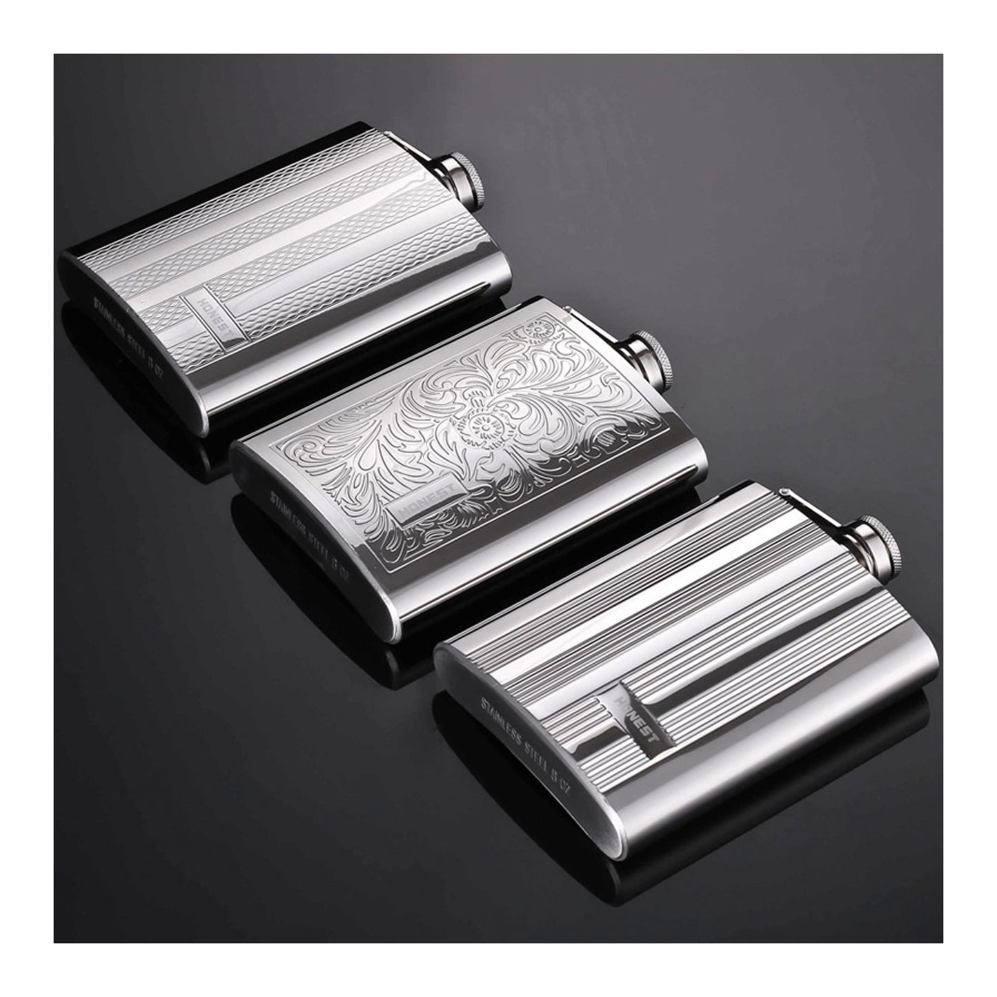 Honest Genuine 8oz Hip Flask Set Portable Outdoor Stainless Steel Liquor Flask Double Sided Embossed Gift Set