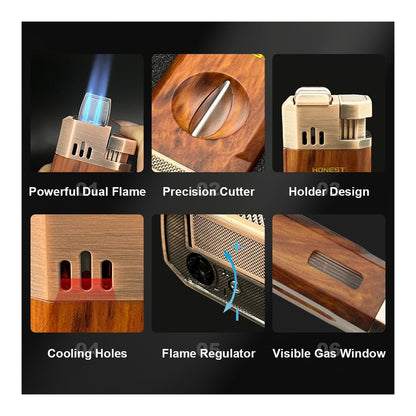 Honest All-in-One Windproof Outdoor Lighter with Dual Jet Flame Built-in Cutter, Butane Refillable and Flames Adjustable, Visible Gas Tank, Portable for Travel, Candle Lovers, Box Included