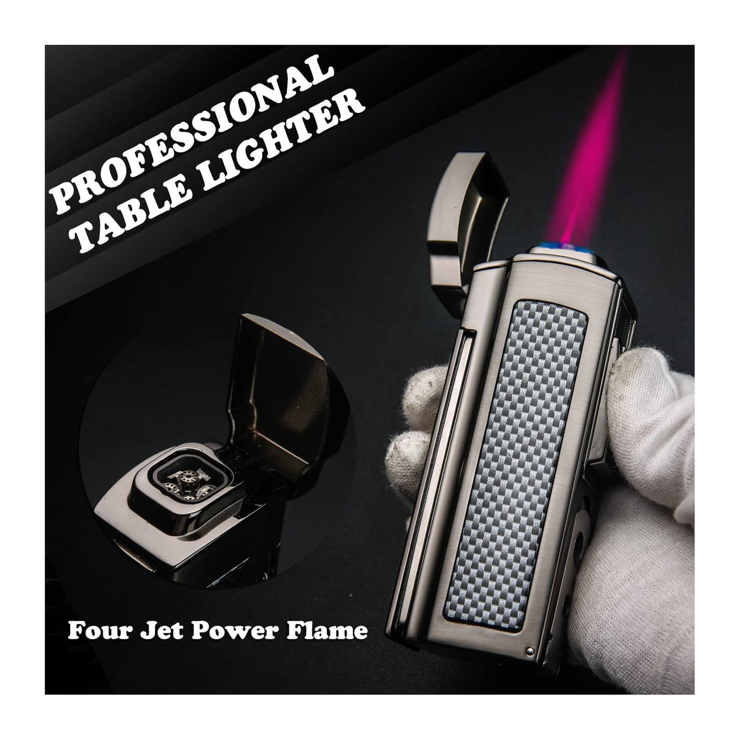 Large Table Lighter – Windproof Metal Torch with 4 Jet Red Flame, Refillable Butane,Punch and Cutter Included