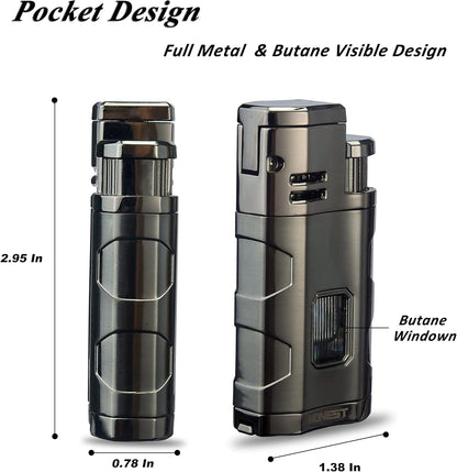 Triple Jet Flame Butane Torch Lighter with Cigar Punch and Rest Holder - Refillable Windproof Lighter (Butane Not Included)