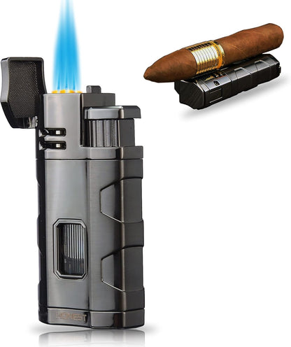 Triple Jet Flame Butane Torch Lighter with Cigar Punch and Rest Holder - Refillable Windproof Lighter (Butane Not Included)