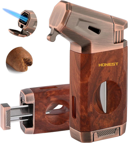 HONEST Refillable Torch Cigar Lighter – Windproof Jet Flame with Built-in V Cigar Cutter, Perfect Gift Box for Christmas, All-in-One Lighter for Smoking and Cigars