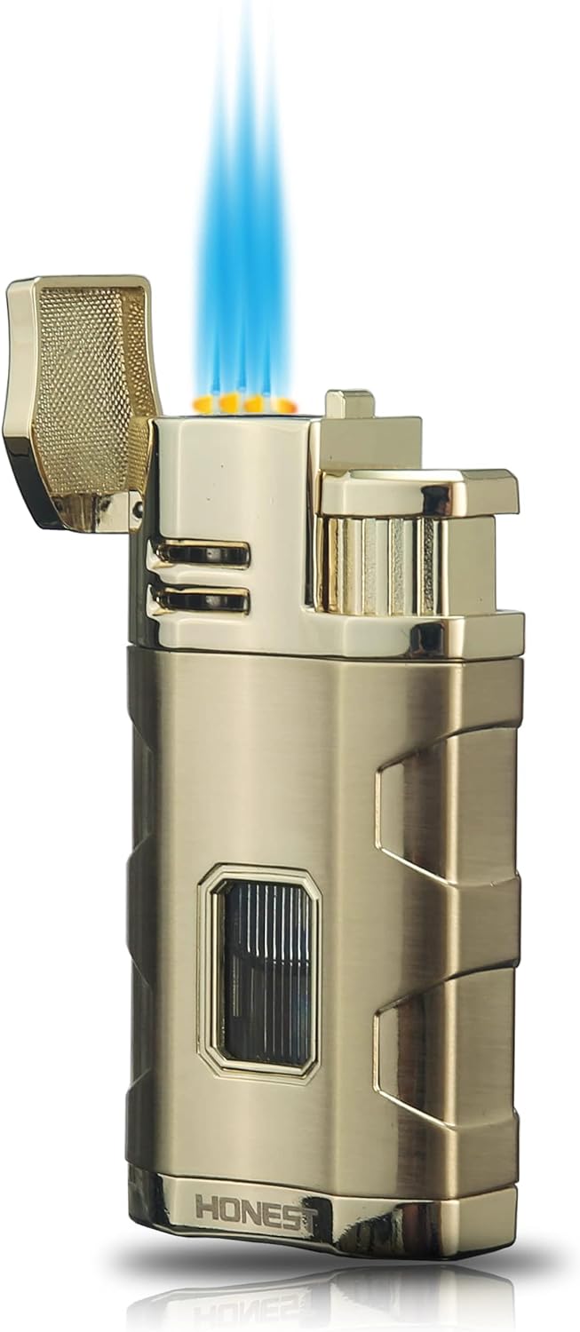 Triple Jet Flame Butane Torch Lighter with Cigar Punch and Rest Holder - Refillable Windproof Lighter (Butane Not Included)