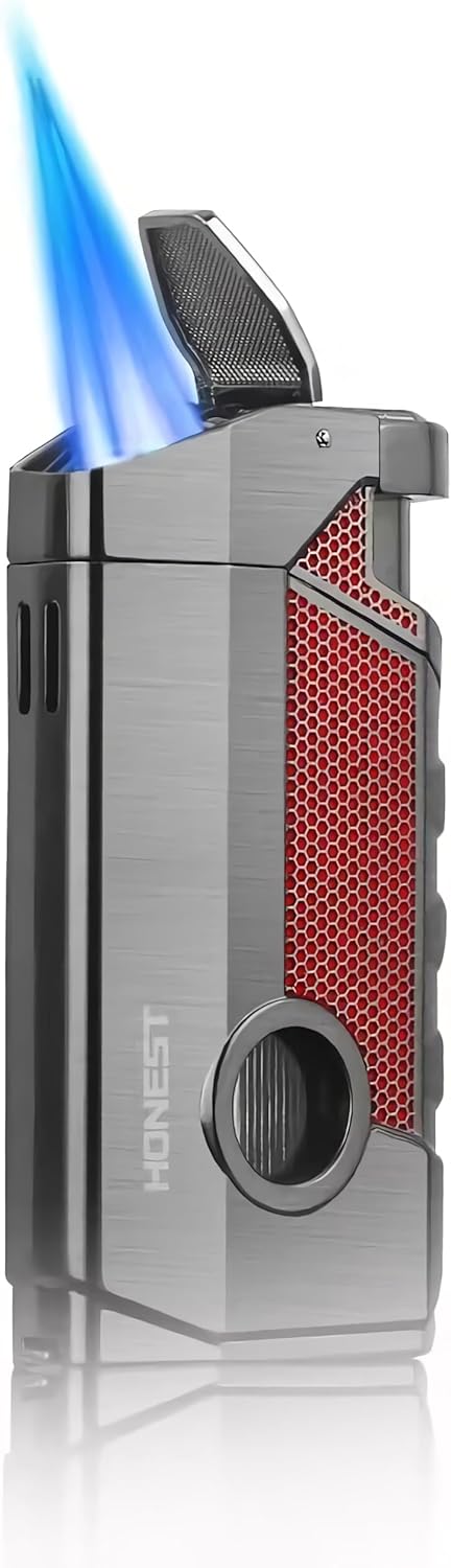 Honest Triple Jet Torch Cigar Lighter with Cigar Punch Rest Holder, Windproof Butane Lighter Refillable - Butane Not Included,Box Included