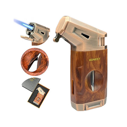 Honest Torch Lighter with V Cutter,Refillable Windproof Adjustable Jet Flame with Fuel Window Butane Torch Lighter,Gifts for Men (Butane not Include)