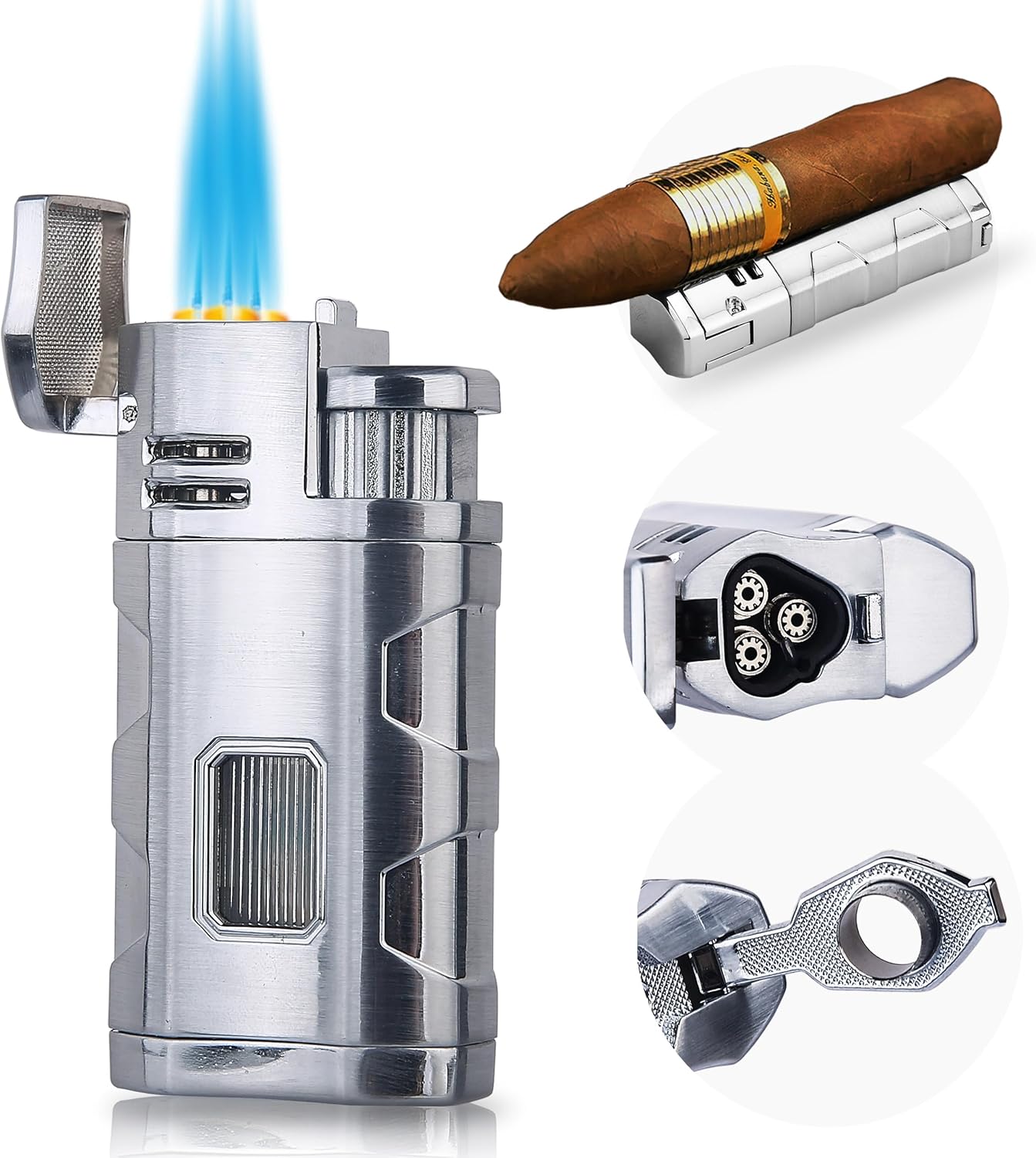 Triple Jet Flame Butane Torch Lighter with Cigar Punch and Rest Holder - Refillable Windproof Lighter (Butane Not Included)