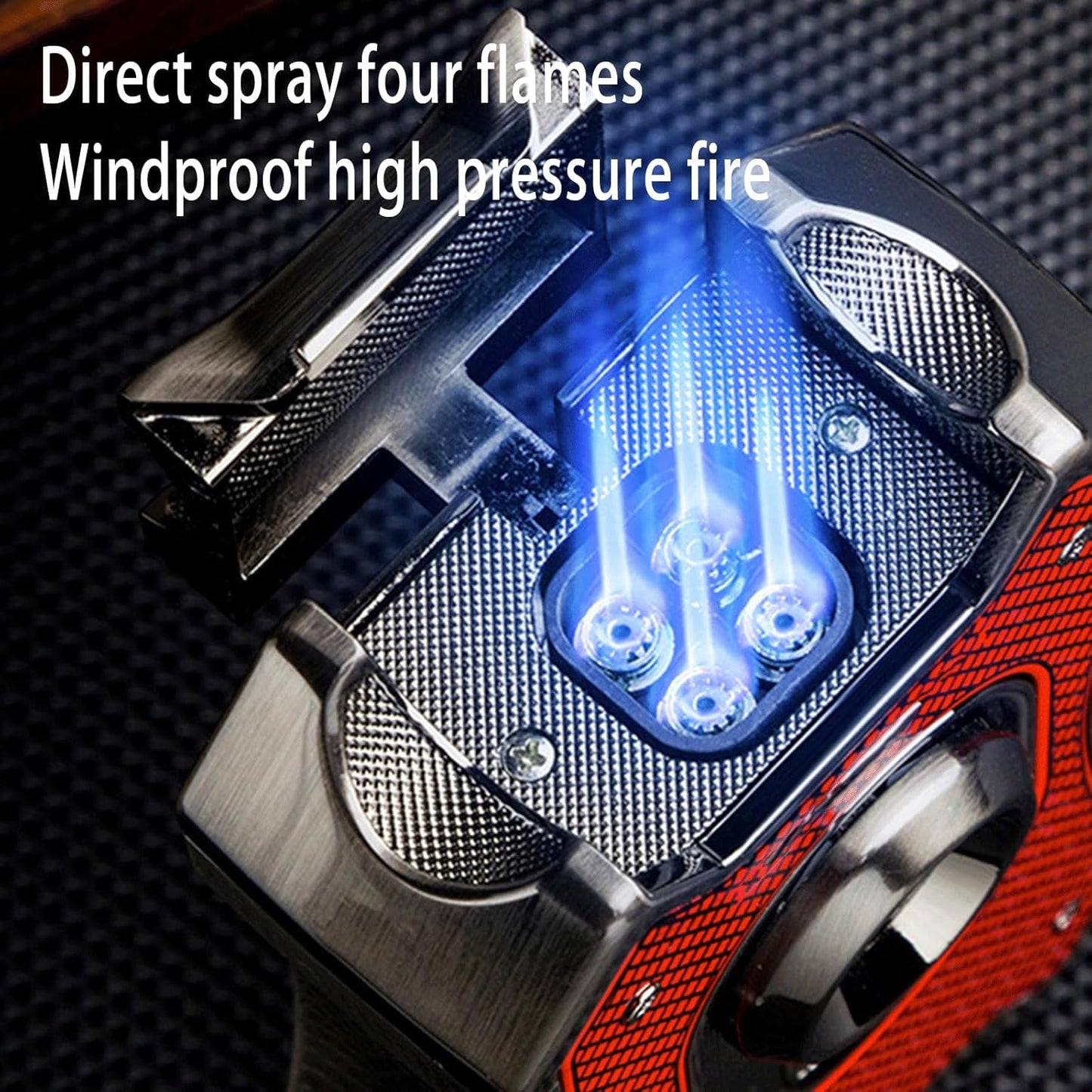 Honest Windproof Four-Jet Flame Lighter, Pure Metal, Butane Refillable, Multi-Function, with Viewing Window, Gift