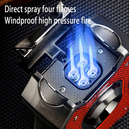 Honest Windproof Four-Jet Flame Lighter, Pure Metal, Butane Refillable, Multi-Function, with Viewing Window, Gift