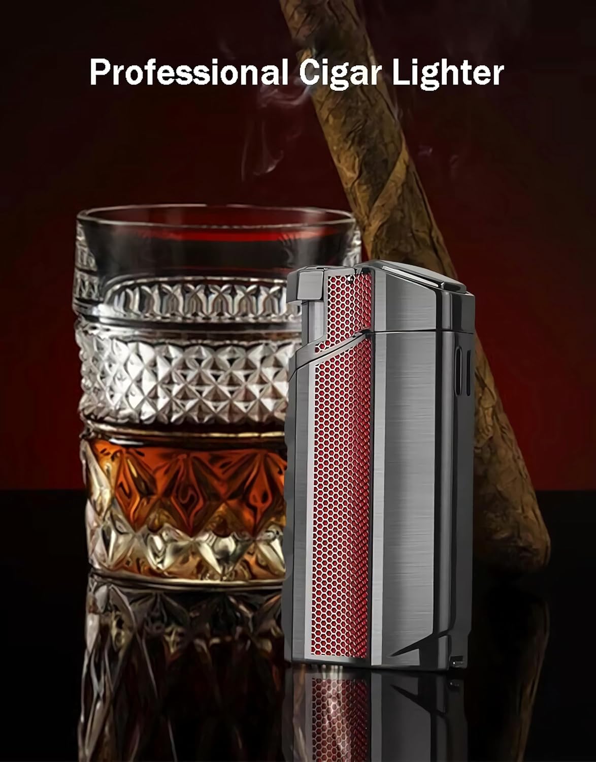 Honest Triple Jet Torch Cigar Lighter with Cigar Punch Rest Holder, Windproof Butane Lighter Refillable - Butane Not Included,Box Included