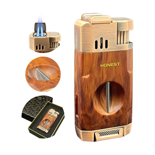 Honest All-in-One Windproof Outdoor Lighter with Dual Jet Flame Built-in Cutter, Butane Refillable and Flames Adjustable, Visible Gas Tank, Portable for Travel, Candle Lovers, Box Included