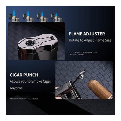 Triple Jet Flame Butane Torch Lighter with Punch and Rest Holder - Refillable Windproof Lighter (Butane Not Included)
