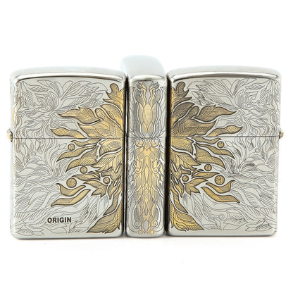 Nickel Two-Tone Series Creative Solid Brass Engraved Retro Windproof Kerosene Lighter