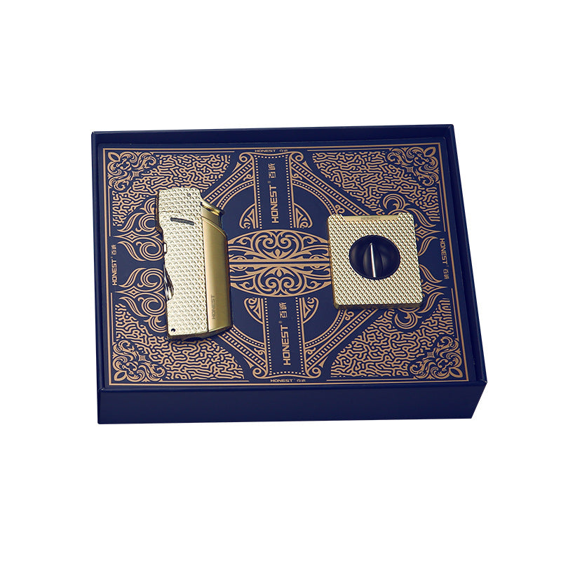 Honest Premium Metal Butane Multi-Function Lighter with V-Shaped Cutter, Engraved Design, Set of Two, Business Gift Set