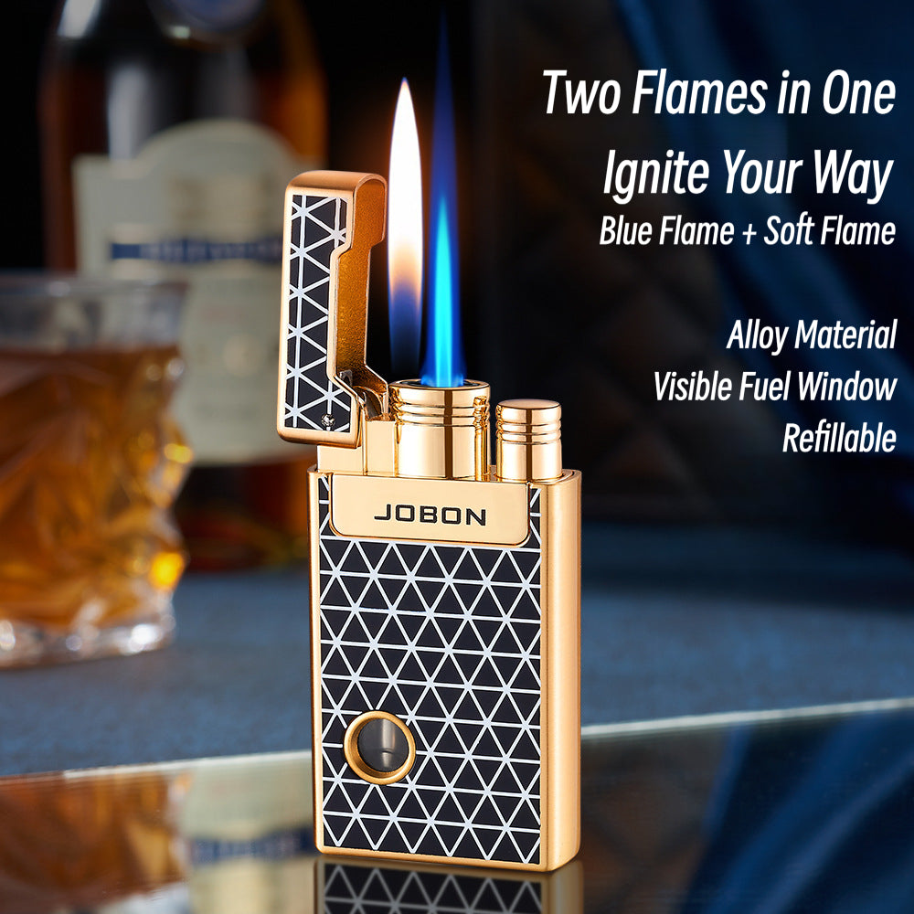 Dual Flame Butane Lighter with Transparent Fuel Tank, Jet Torch & Soft Flame, Refillable Windproof Design