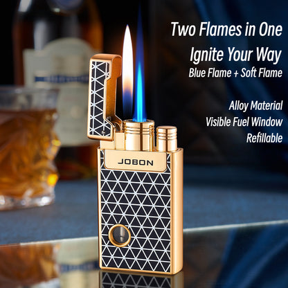 Dual Flame Butane Lighter with Transparent Fuel Tank, Jet Torch & Soft Flame, Refillable Windproof Design
