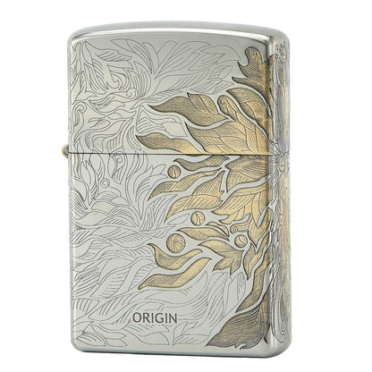 Nickel Two-Tone Series Creative Solid Brass Engraved Retro Windproof Kerosene Lighter