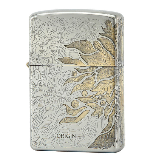 Nickel Two-Tone Series Creative Solid Brass Engraved Retro Windproof Kerosene Lighter