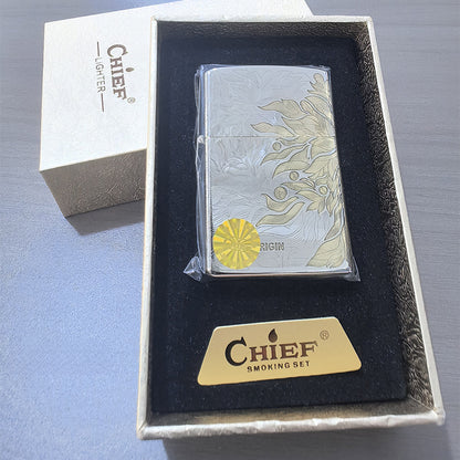 Nickel Two-Tone Series Creative Solid Brass Engraved Retro Windproof Kerosene Lighter