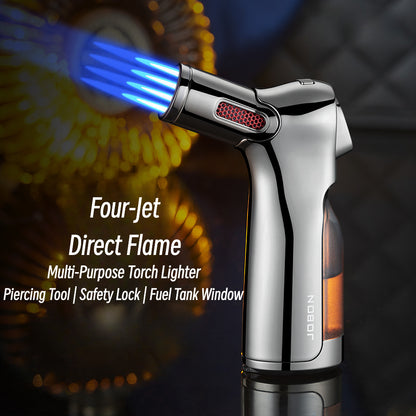 Quad Jet Flame Torch Lighter Windproof Refillable Butane Lighter with Safety Lock for Outdoor BBQ, Camping, Kitchen Ignition & Multi-Purpose Use