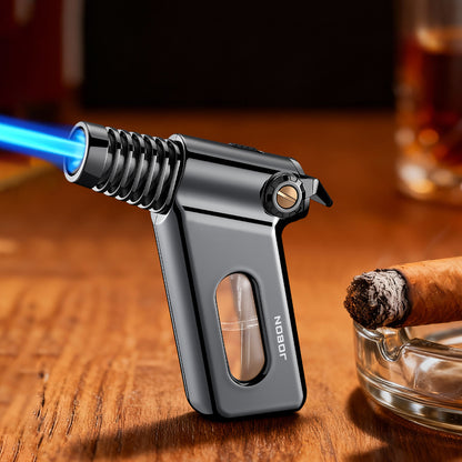Mini Torch Lighter with Transparent Fuel Window – Creative Blue Flame Butane Lighter with Safety Lock, Refillable Portable Design for Outdoor & Precision Use