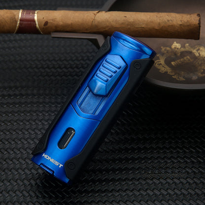 Honest Custom Multi-Function Quad Jet Blue Flame Refillable Lighter with Metal Body and Viewing Window Wholesale Gifts