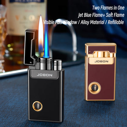Dual Flame Butane Lighter with Transparent Fuel Tank, Jet Torch & Soft Flame, Refillable Windproof Design
