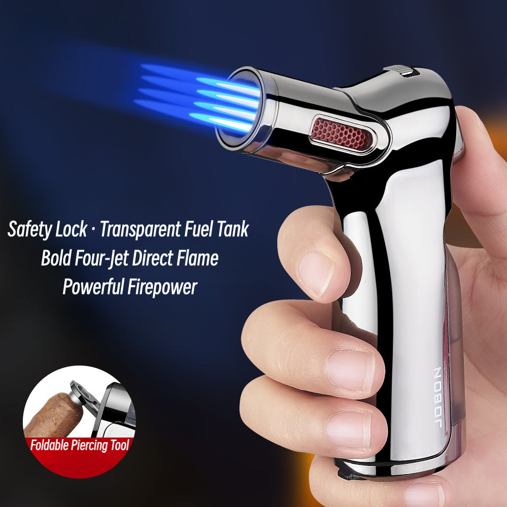Quad Jet Flame Torch Lighter Windproof Refillable Butane Lighter with Safety Lock for Outdoor BBQ, Camping, Kitchen Ignition & Multi-Purpose Use