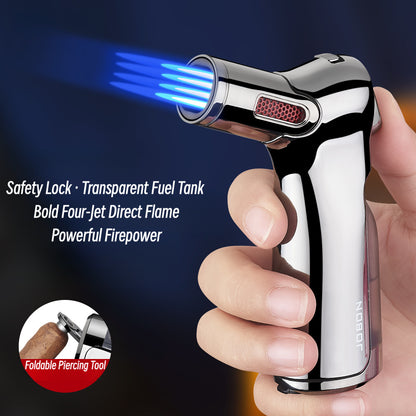 Quad Jet Flame Torch Lighter Windproof Refillable Butane Lighter with Safety Lock for Outdoor BBQ, Camping, Kitchen Ignition & Multi-Purpose Use