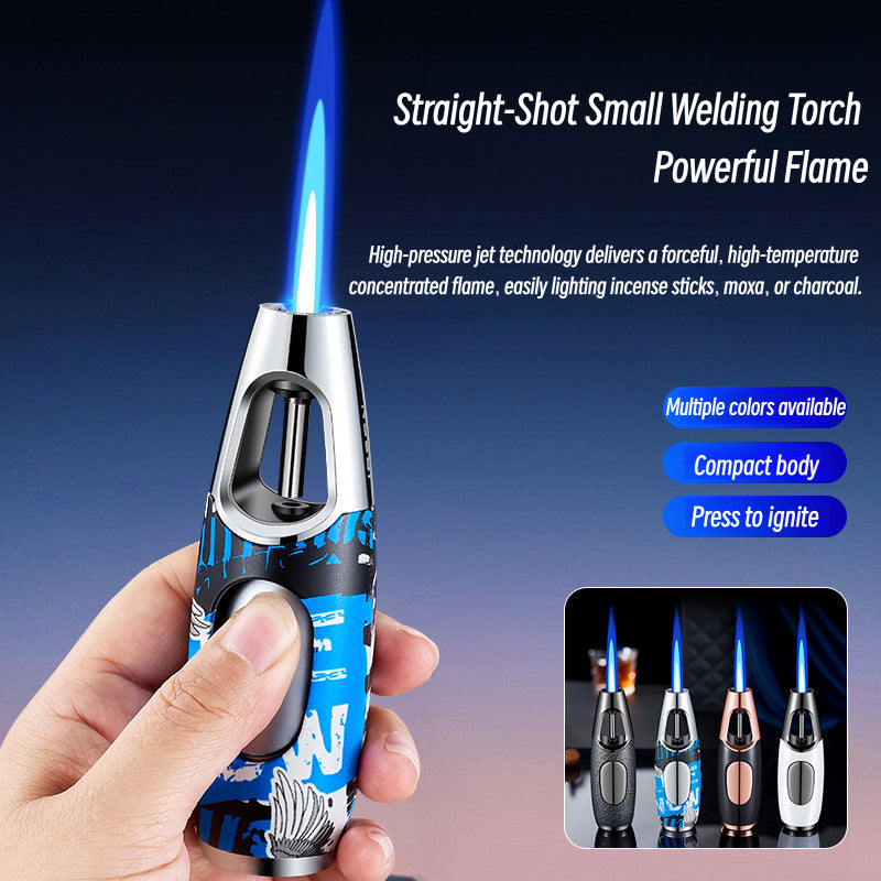 Windproof Blue Flame Metal Lighter for Incense Sticks and Outdoor Use, Compact Refillable Jet Torch Igniter for Men