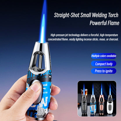 Windproof Blue Flame Metal Lighter for Incense Sticks and Outdoor Use, Compact Refillable Jet Torch Igniter for Men