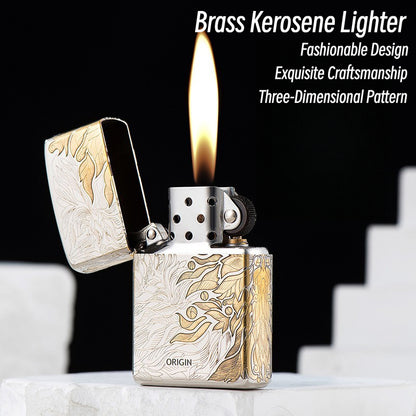 Nickel Two-Tone Series Creative Solid Brass Engraved Retro Windproof Kerosene Lighter