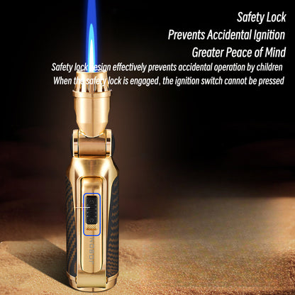 Windproof Metal Torch Lighter, Blue Flame Jet Lighter with Foldable Design and Safety Lock, Refillable Butane Portable Lighter for Outdoor & Kitchen Use