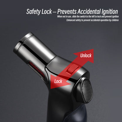 Quad Jet Flame Torch Lighter Windproof Refillable Butane Lighter with Safety Lock for Outdoor BBQ, Camping, Kitchen Ignition & Multi-Purpose Use
