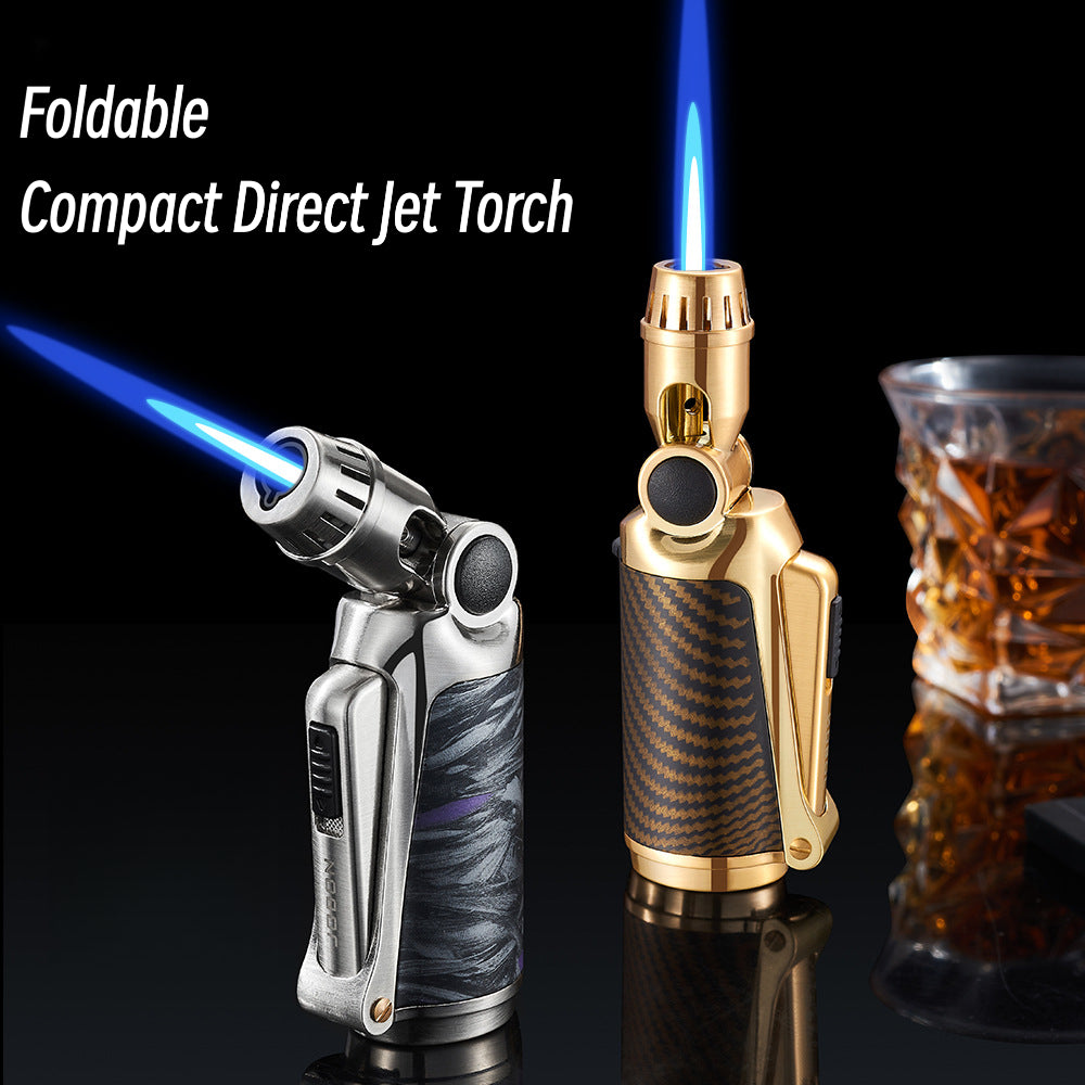 Windproof Metal Torch Lighter, Blue Flame Jet Lighter with Foldable Design and Safety Lock, Refillable Butane Portable Lighter for Outdoor & Kitchen Use