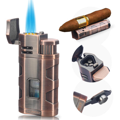 Triple Jet Flame Butane Torch Lighter with Cigar Punch and Rest Holder - Refillable Windproof Lighter (Butane Not Included)